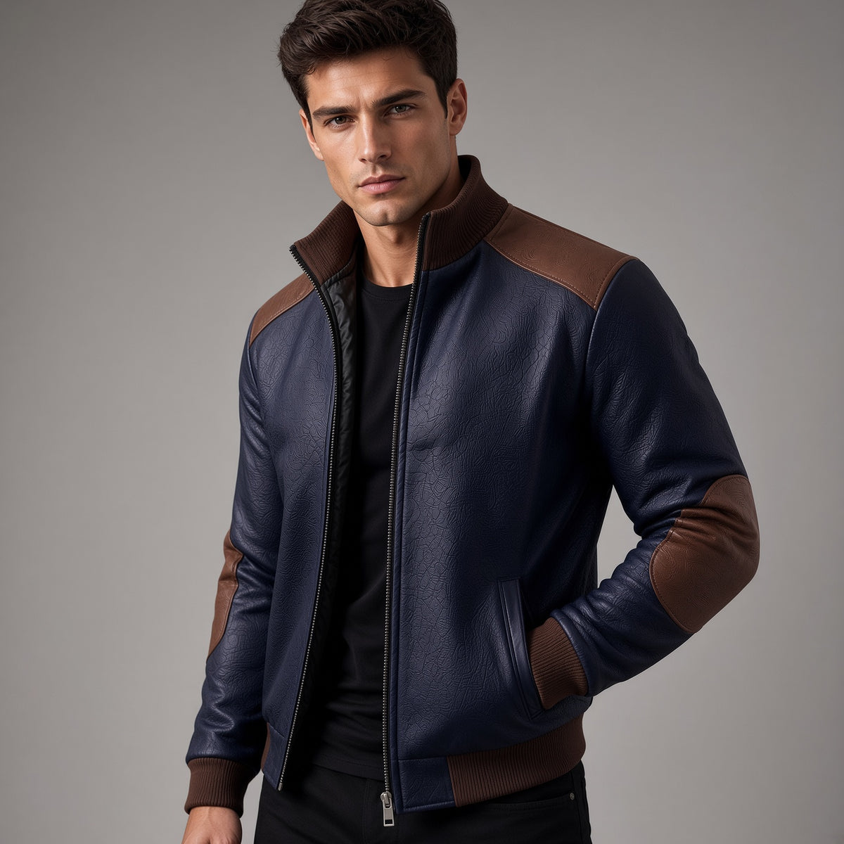 Men's Navy Blue Leather Bomber Jacket | Brown Accent Jacket