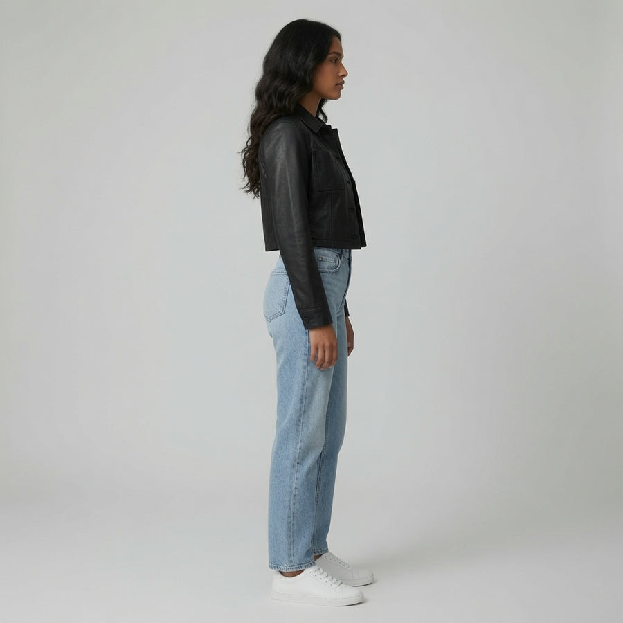 Women's Black Genuine Leather Cropped Trucker Jacket | Modern Button-Up Leather Jacket