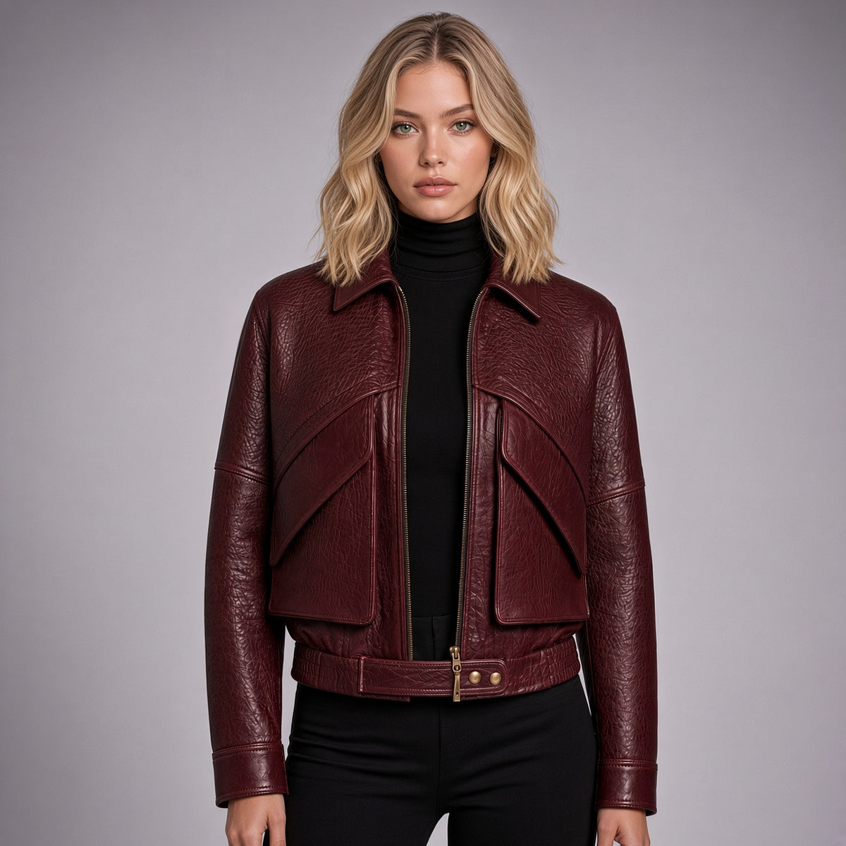 Women’s Maroon Genuine Leather Jacket | Cropped Biker Jacket with Front Pockets & Belted Waist