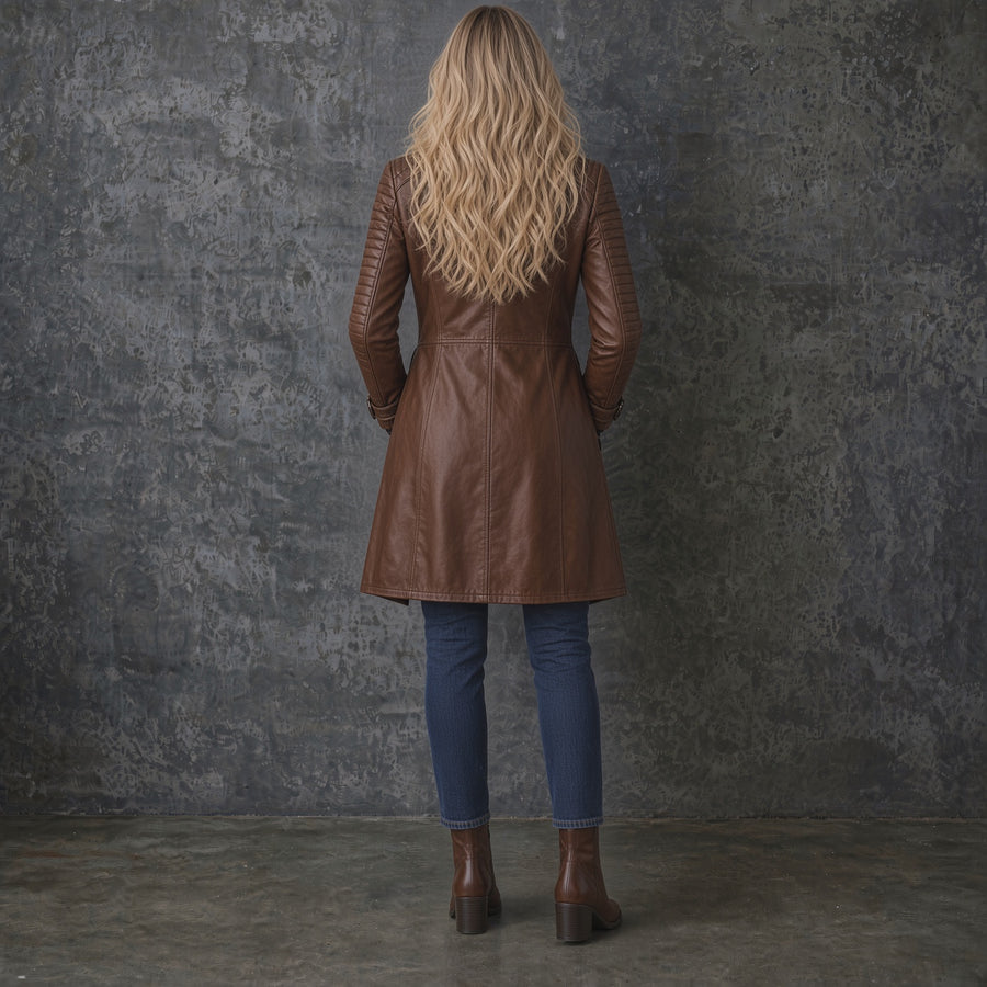 Women’s Brown Leather Long Coat | Fitted Leather Jacket