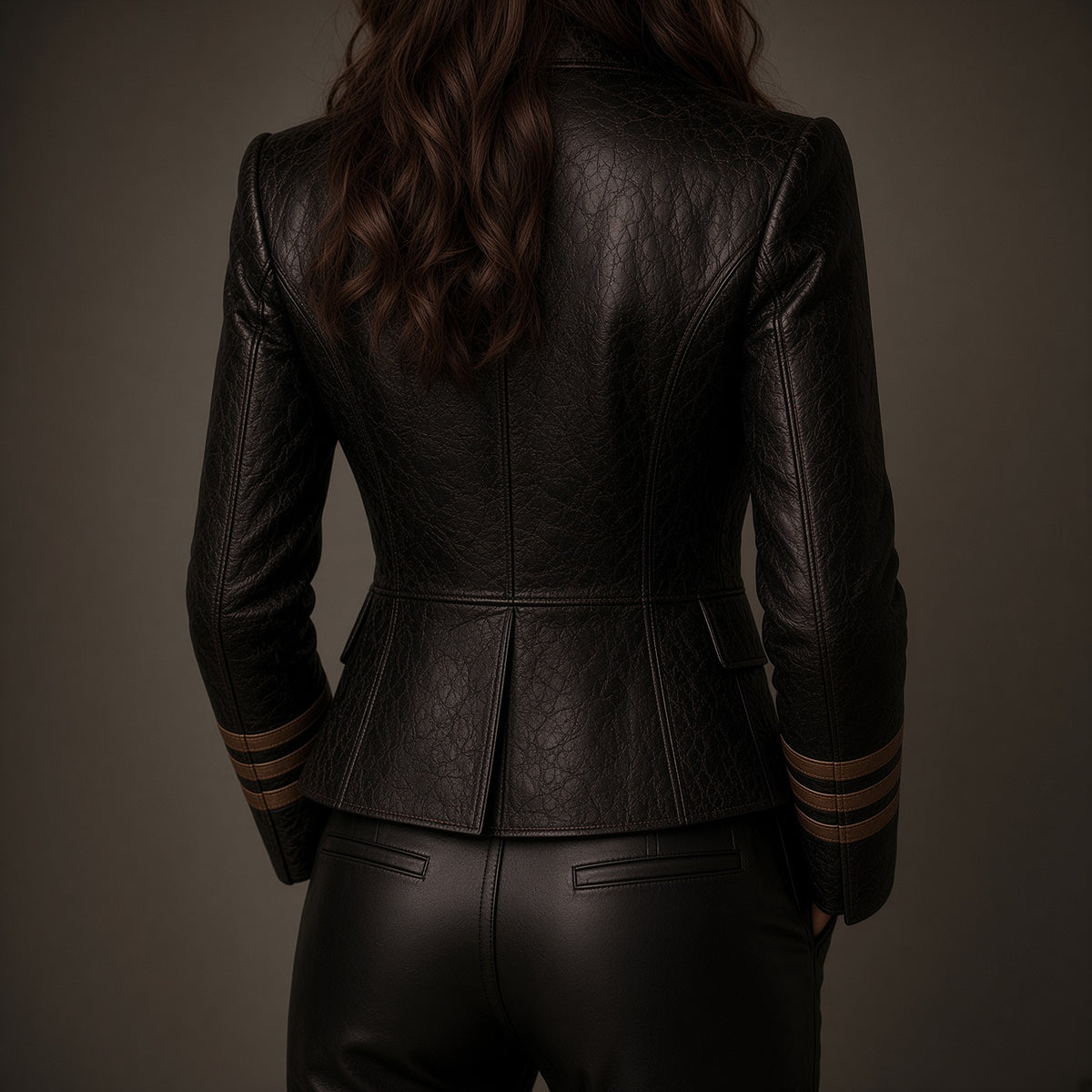 Women's Black Leather Jacket & Pants Set | Gold Button Leather Outfit