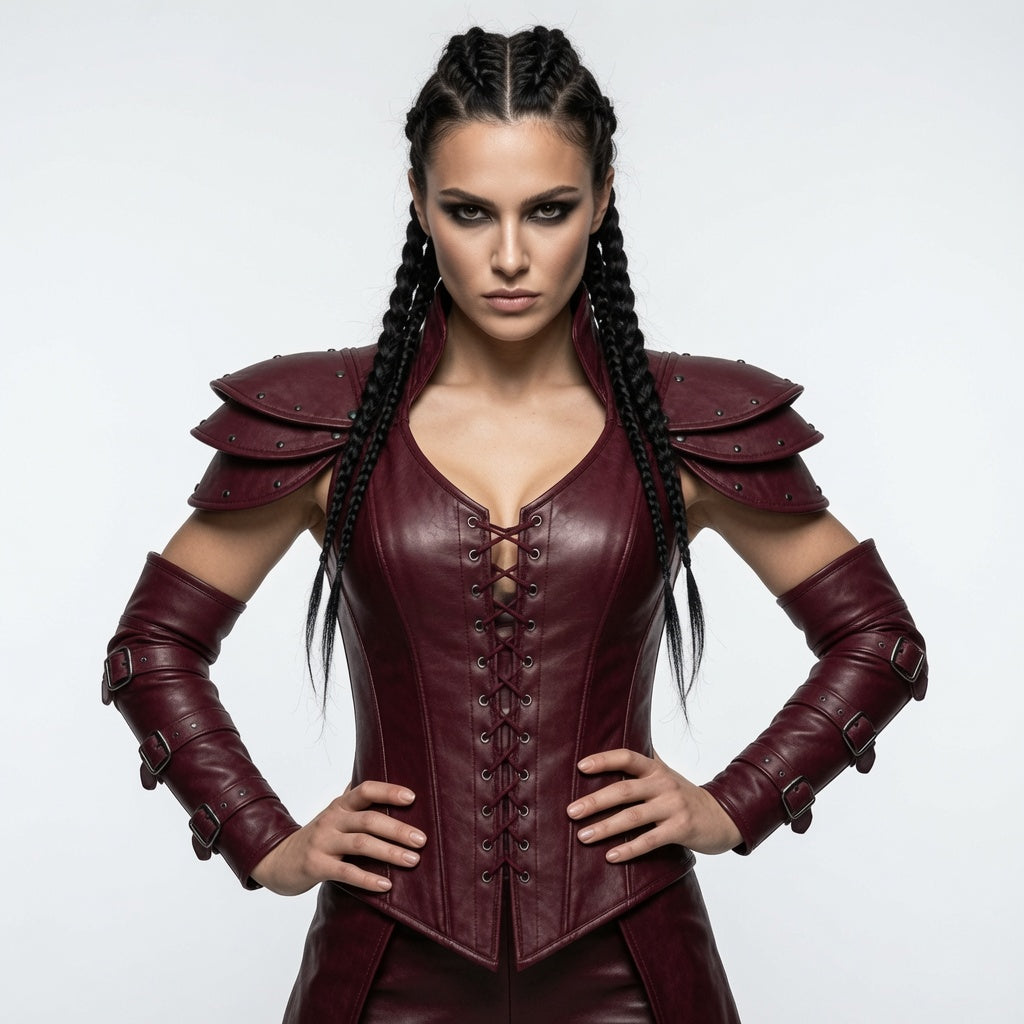 Damen Burgunderrot Fantasy Leder-Rüstungskorsett – Mittelalter Krieger Cosplay Kostüm