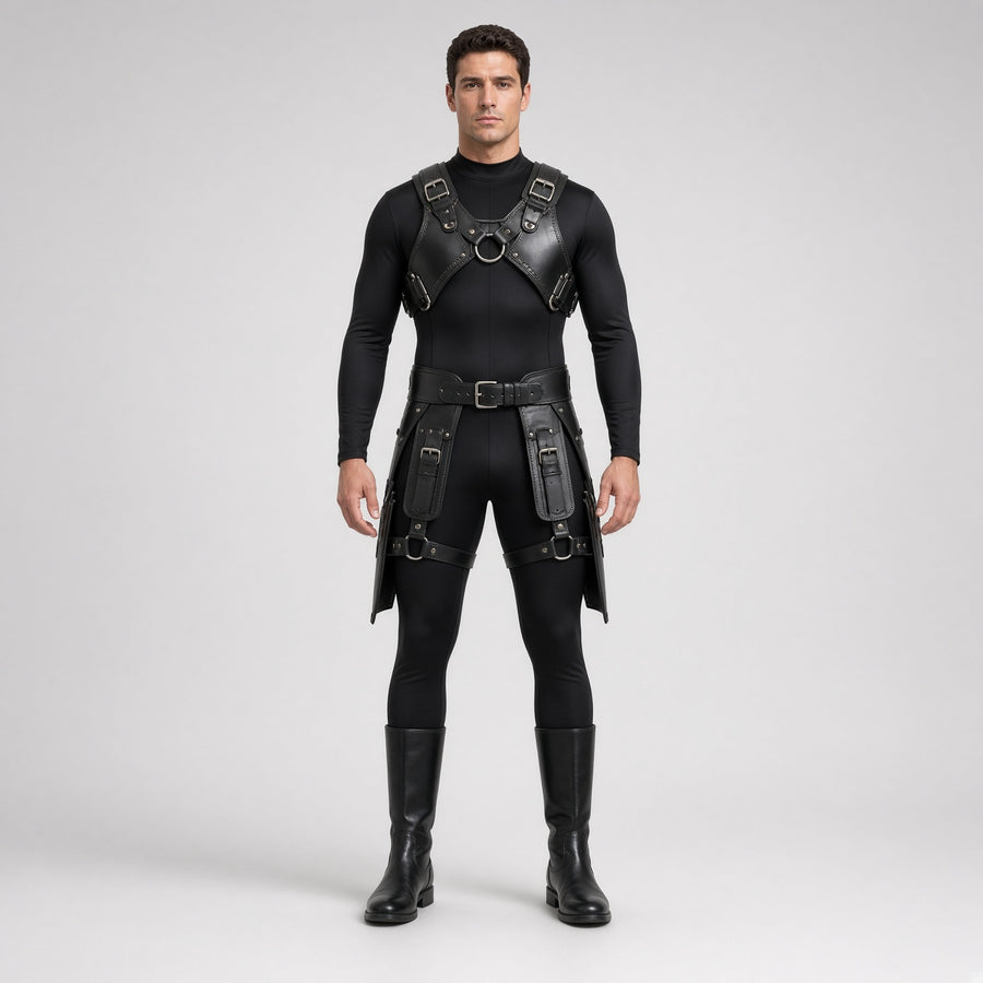 Men's Black Leather Harness Costume | Gothic Warrior Outfit with Boots