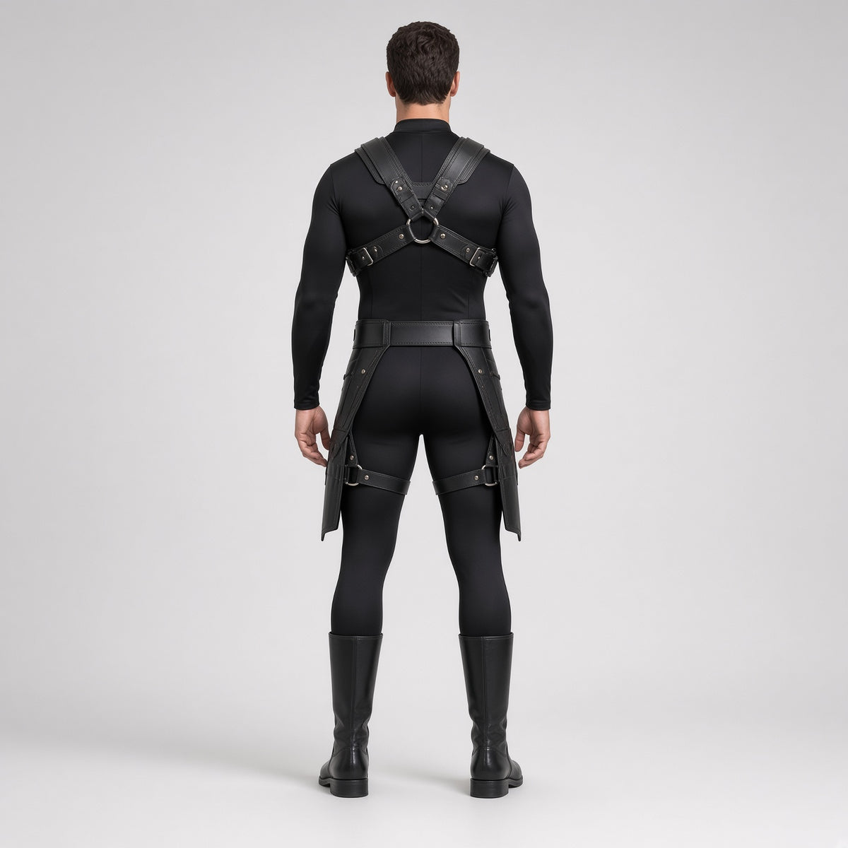Men's Black Leather Harness Costume | Gothic Warrior Outfit with Boots
