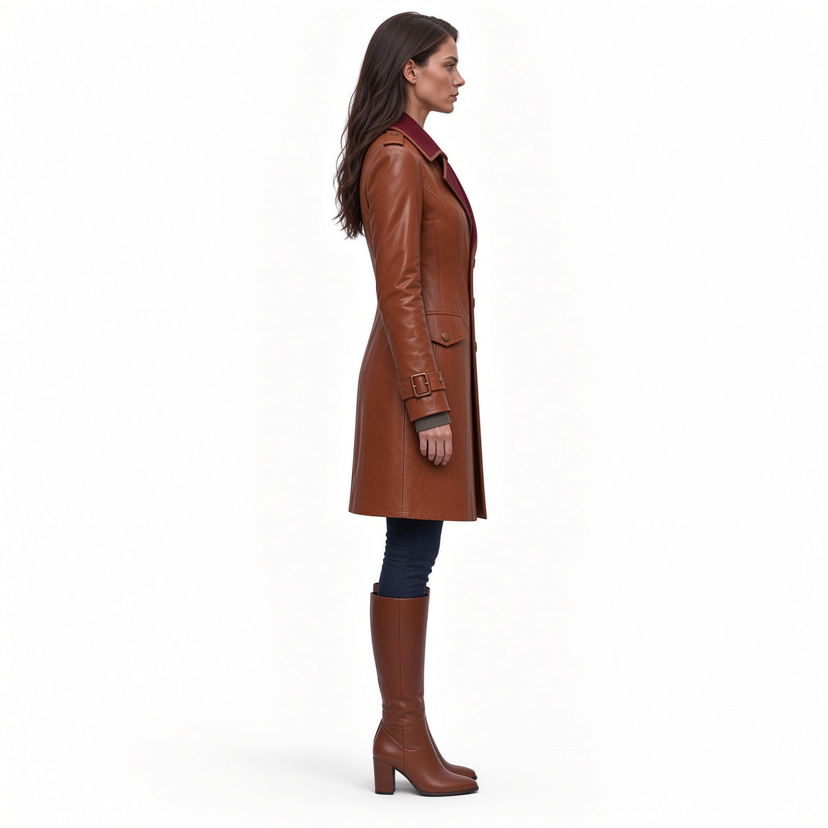 Women’s Brown Long Leather Coat with Burgundy Collar & Knee High Leather Boots