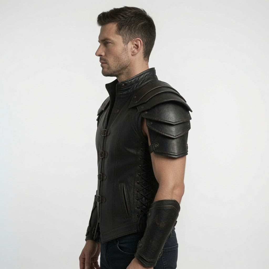 Men's Black Fantasy Leather Armor Vest – Medieval Warrior Cosplay Costume with Bracers