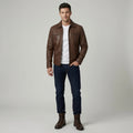 Men's Classic Brown Leather Jacket – Zip-Up Casual Motorcycle Jacket