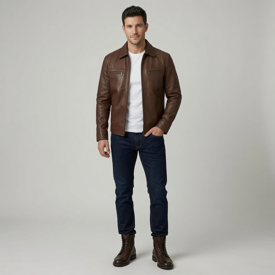 Herren Klassische braune Lederjacke – Reißverschluss Casual Motorradjacke