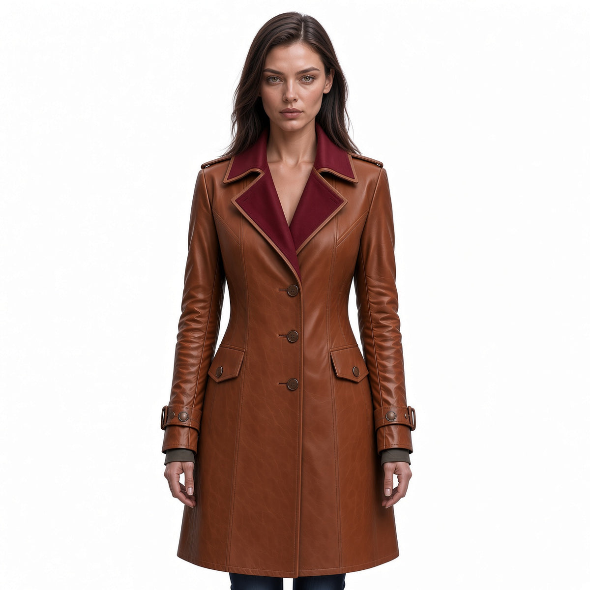 Women’s Brown Long Leather Coat with Burgundy Collar & Knee High Leather Boots