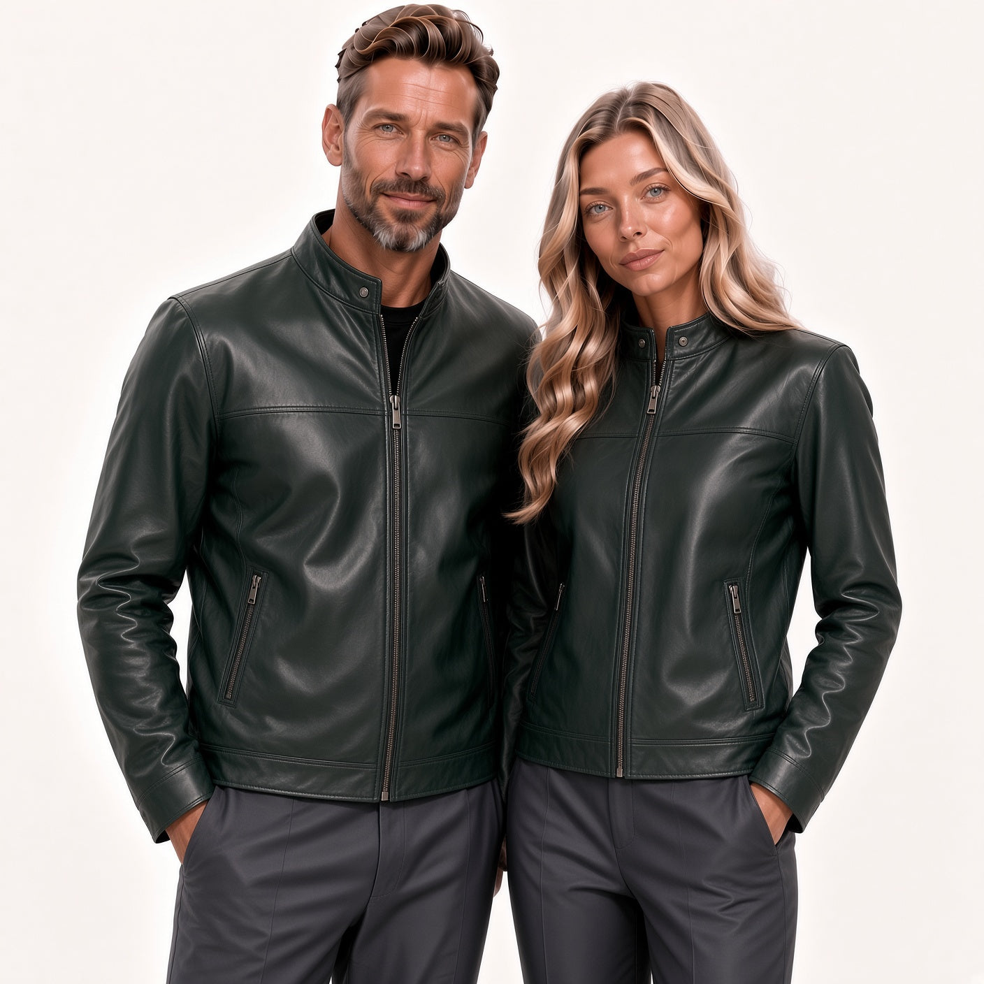 Matching Dark Green Leather Jackets for Men & Women – Classic Couple Jacket