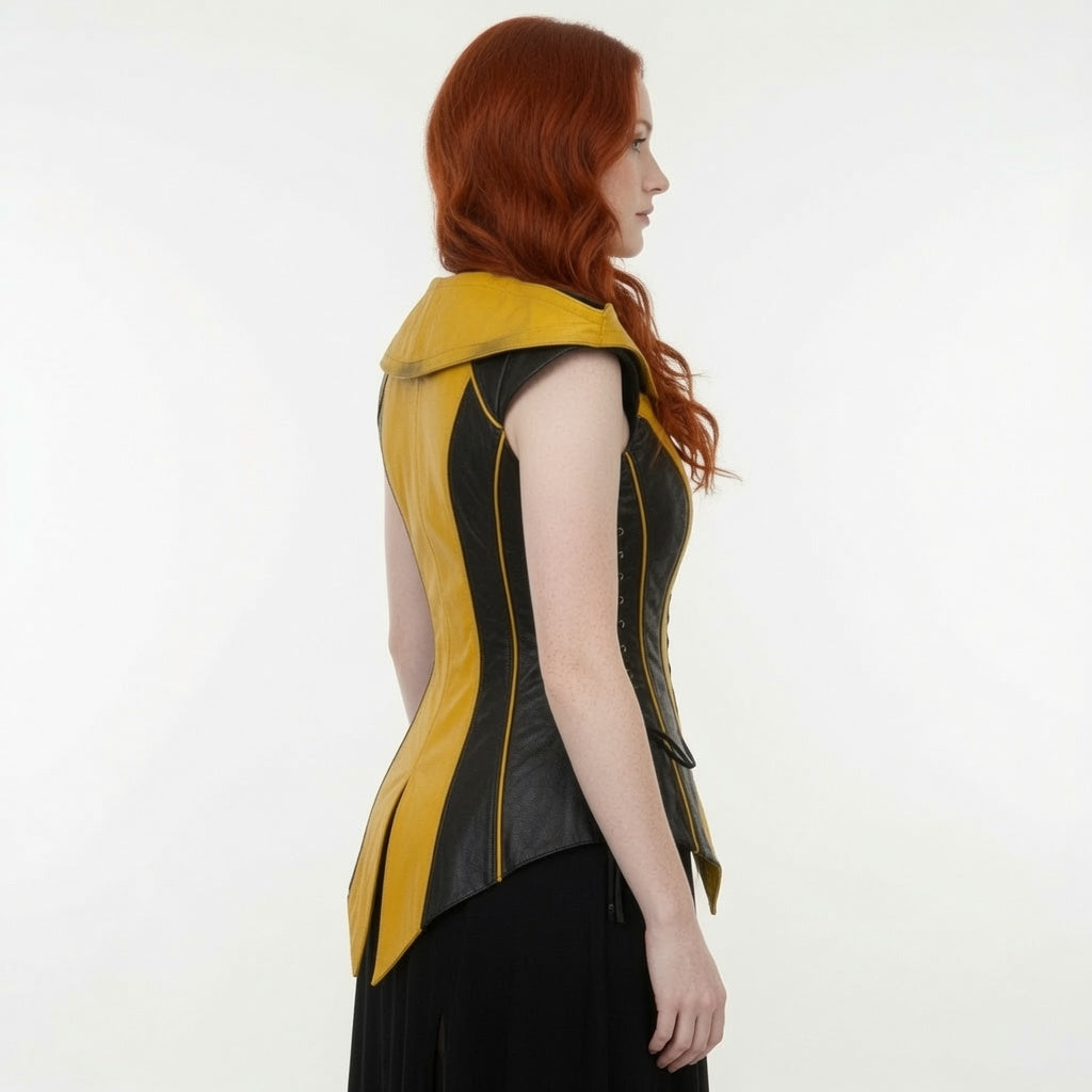Women's Yellow & Black Fantasy Leather Corset Vest – Medieval Hooded Cosplay Costume