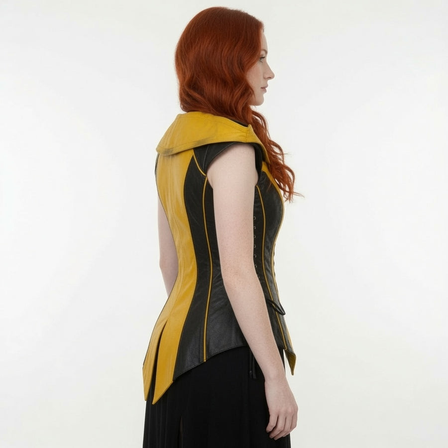 Women's Yellow & Black Fantasy Leather Corset Vest – Medieval Hooded Cosplay Costume