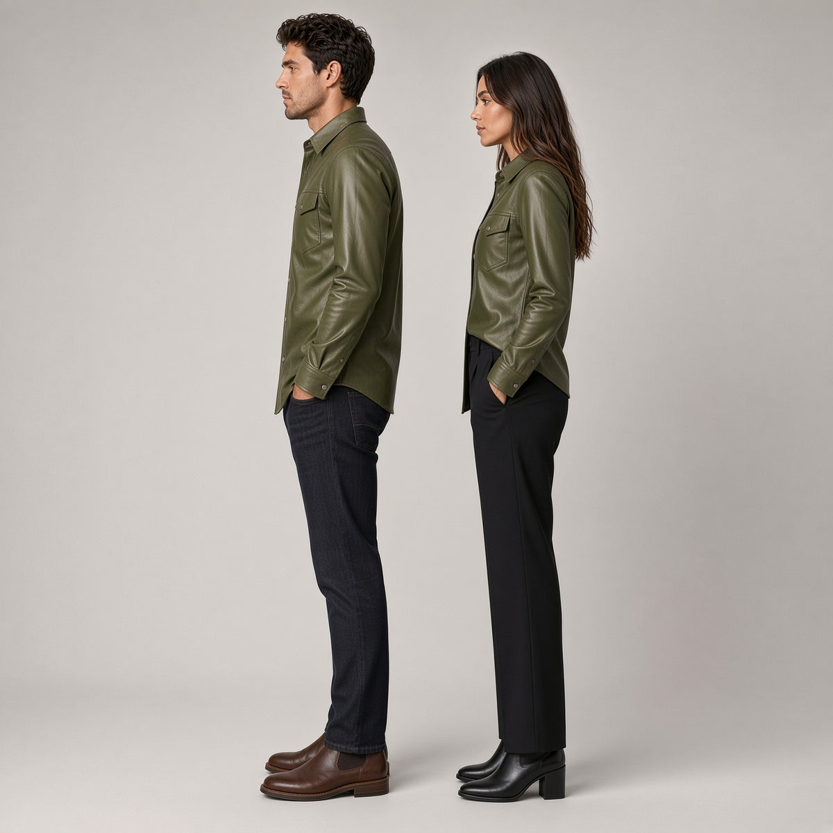 Olive Green Genuine Leather Shirt for Men & Women – Premium Button-Up Leather Shirt