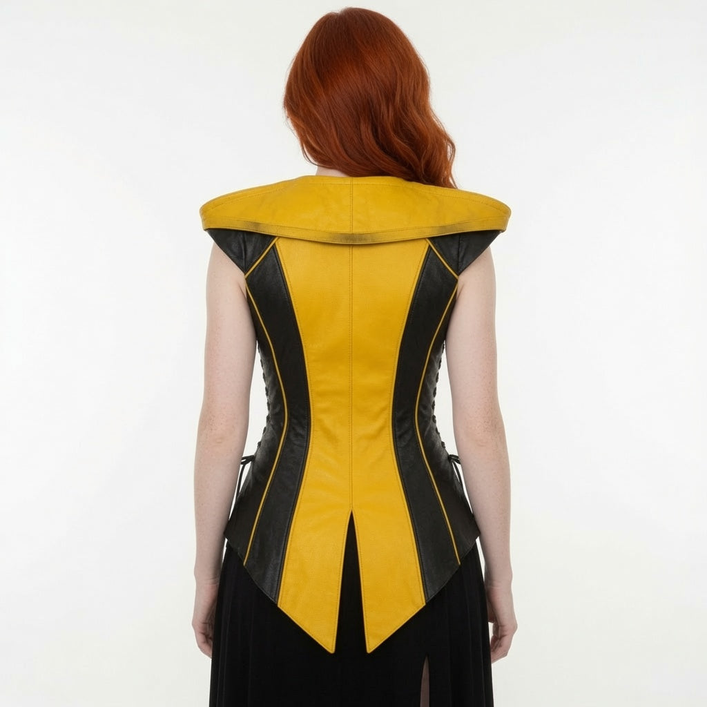 Women's Yellow & Black Fantasy Leather Corset Vest – Medieval Hooded Cosplay Costume
