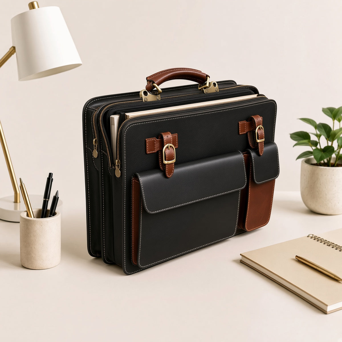 Women's Black Brown Leather Jacket & Bag Set | Wolfo Co