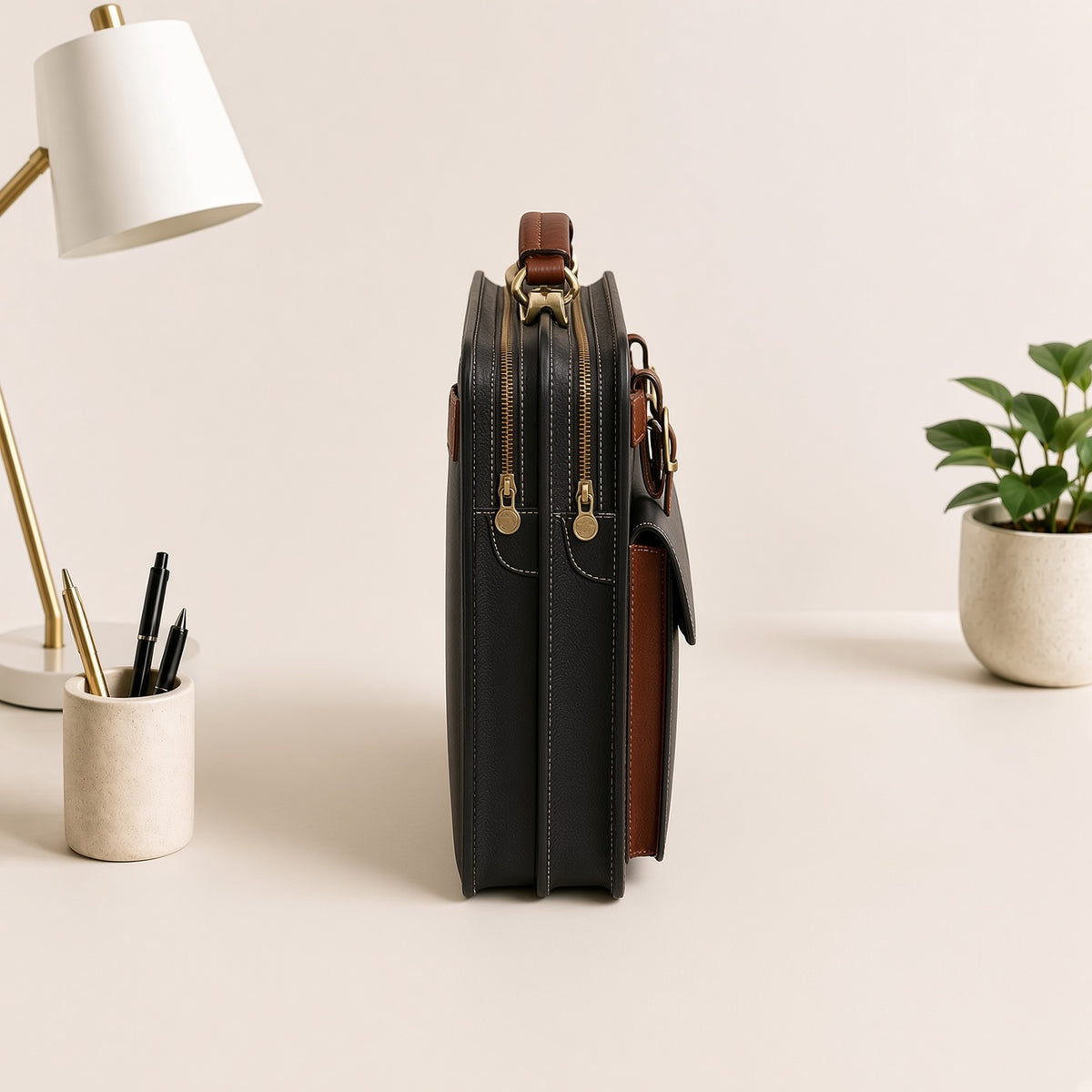 Women's Black Brown Leather Jacket & Bag Set | Wolfo Co