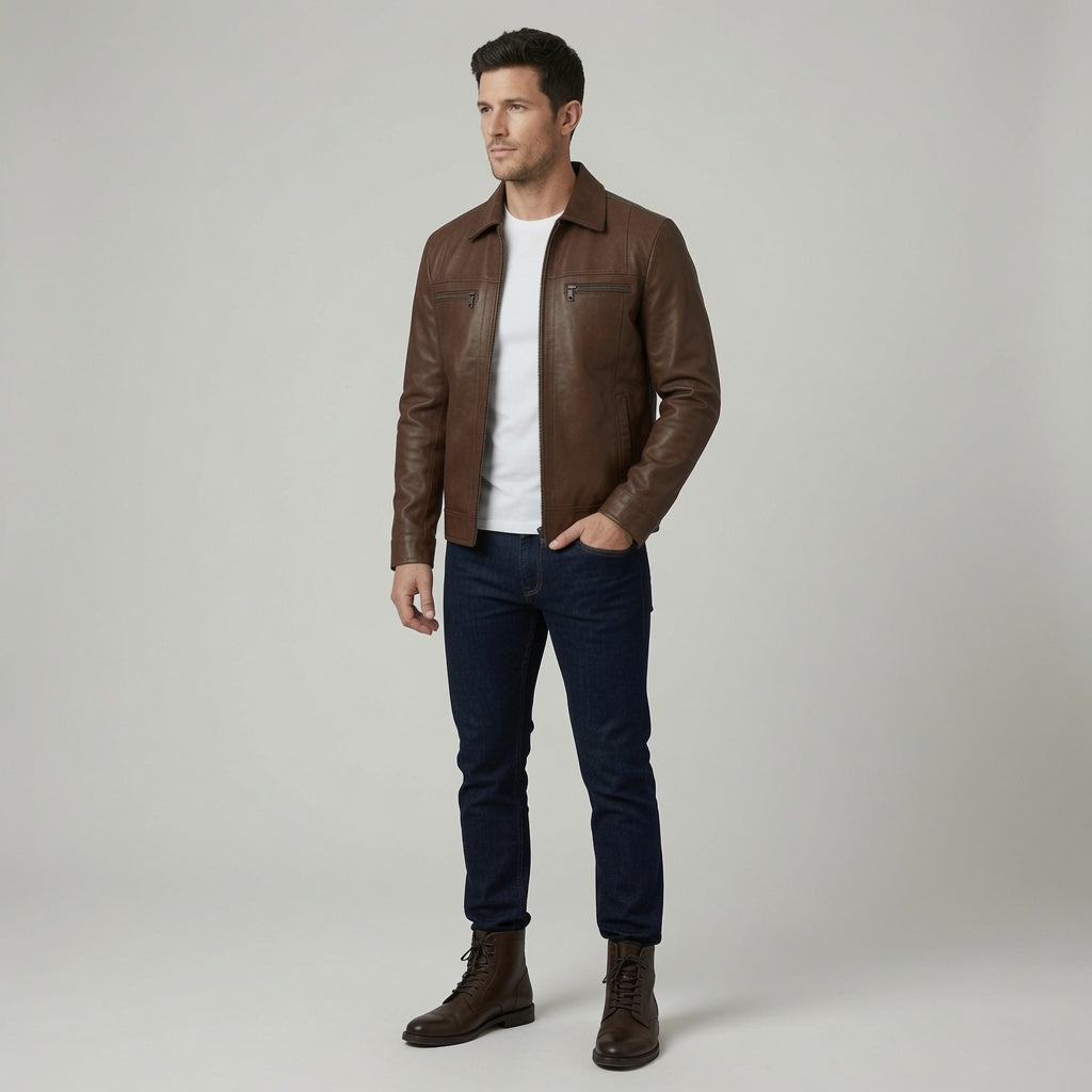 Herren Klassische braune Lederjacke – Reißverschluss Casual Motorradjacke