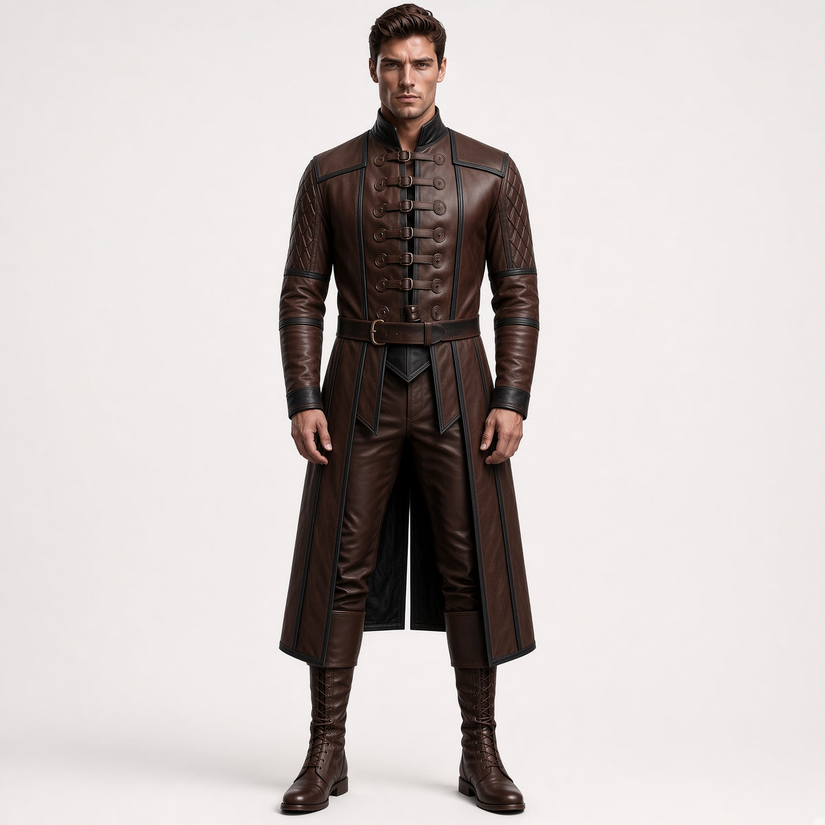 Men's Brown Leather Medieval Costume Set | Gothic Long Coat, Pants & Boots