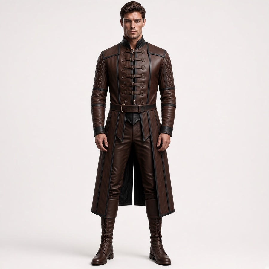 Men's Brown Leather Medieval Costume Set | Gothic Long Coat, Pants & Boots