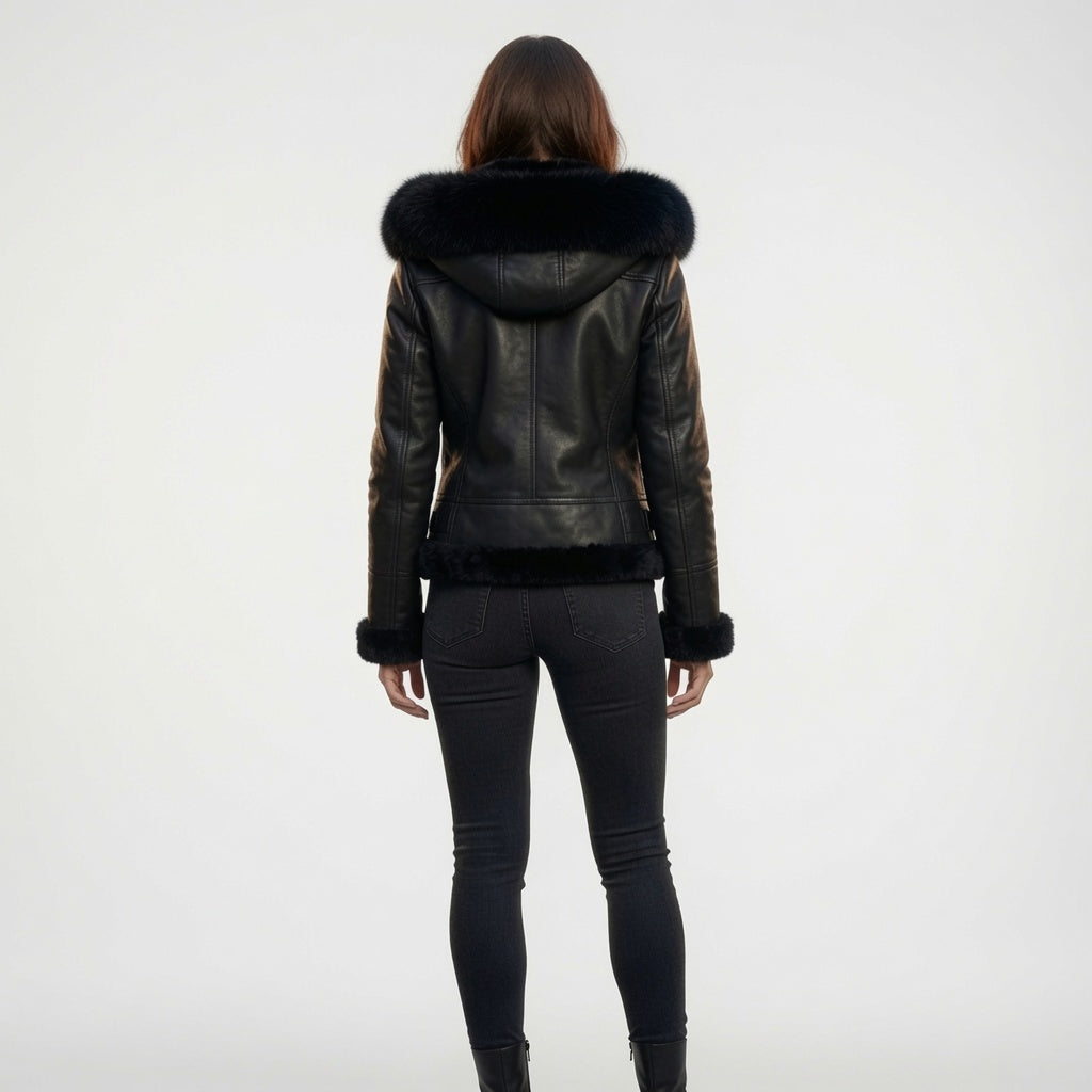 Damen Schwarze Echtleder-Kapuzenjacke aus Lammfell | Winter-Lederjacke mit Fellfutter