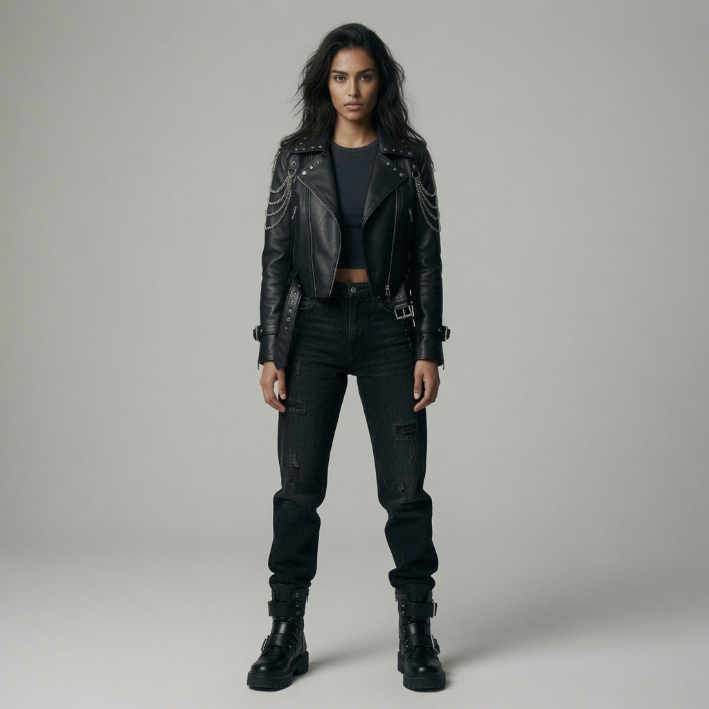 Handgefertigte Damen-Bikerjacke aus echtem schwarzem Leder mit Nieten und Kette | Punk-Motorradjacke