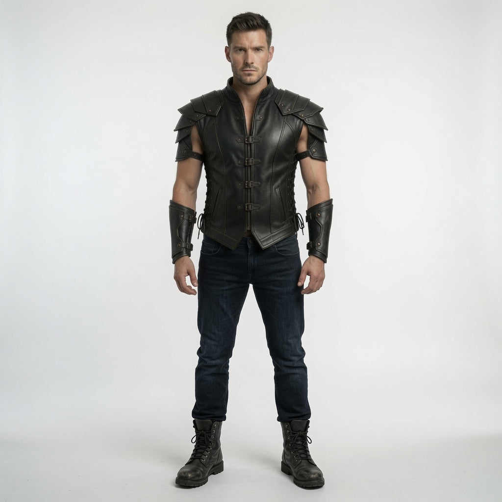 Men's Black Fantasy Leather Armor Vest – Medieval Warrior Cosplay Costume with Bracers
