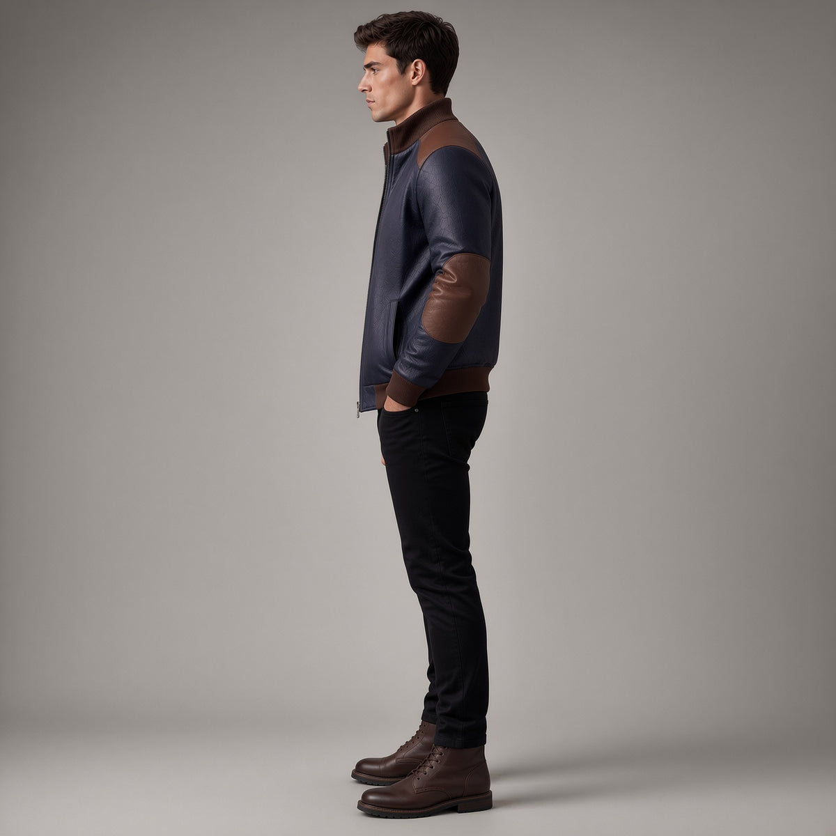 Men's Navy Blue Leather Bomber Jacket | Brown Accent Jacket