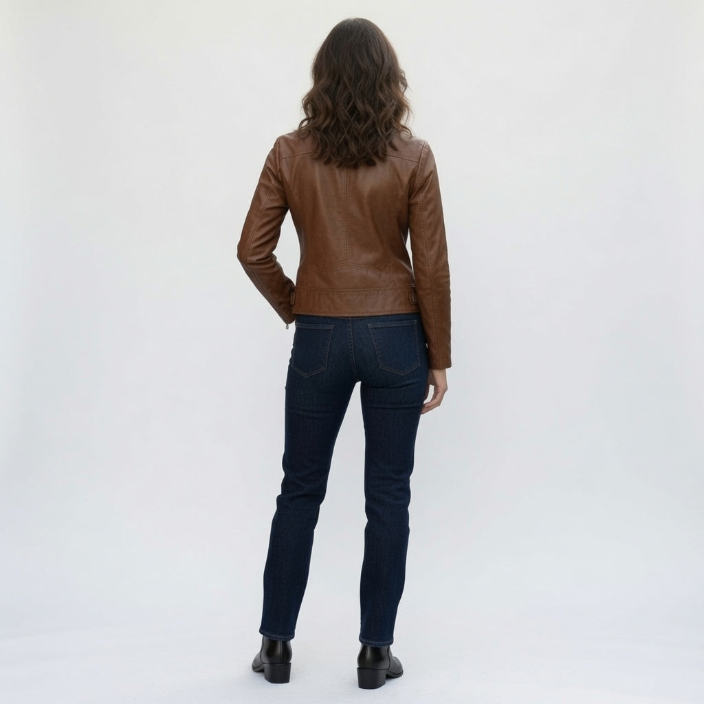 Damen Cognacbraune Echtleder-Motorradjacke | Schmale Lederjacke