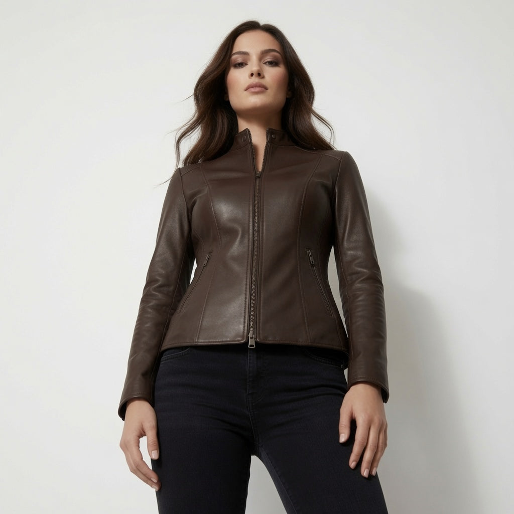 Damen Dunkelbraune Motorradjacke aus echtem Leder | Schmale Café Racer Lederjacke