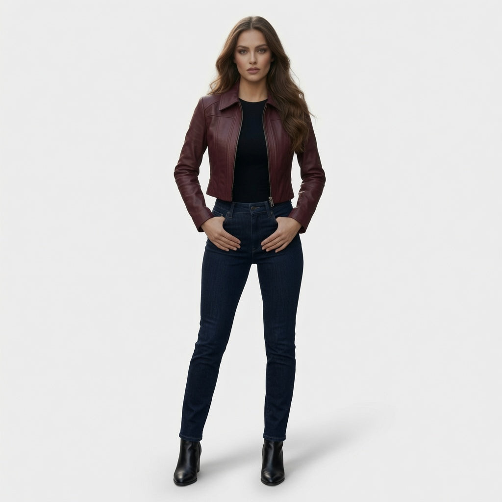 Damen bordeauxrote verkürzte Lederjacke – Schmale Passform Lässiger Motorrad-Stil