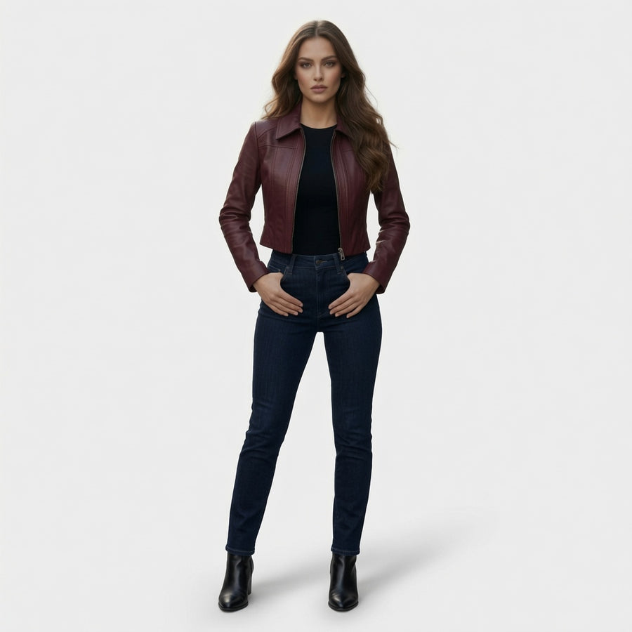 Damen bordeauxrote verkürzte Lederjacke – Schmale Passform Lässiger Motorrad-Stil