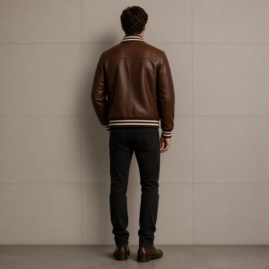 Men's Brown Leather Varsity Jacket – Classic Snap Button Bomber
