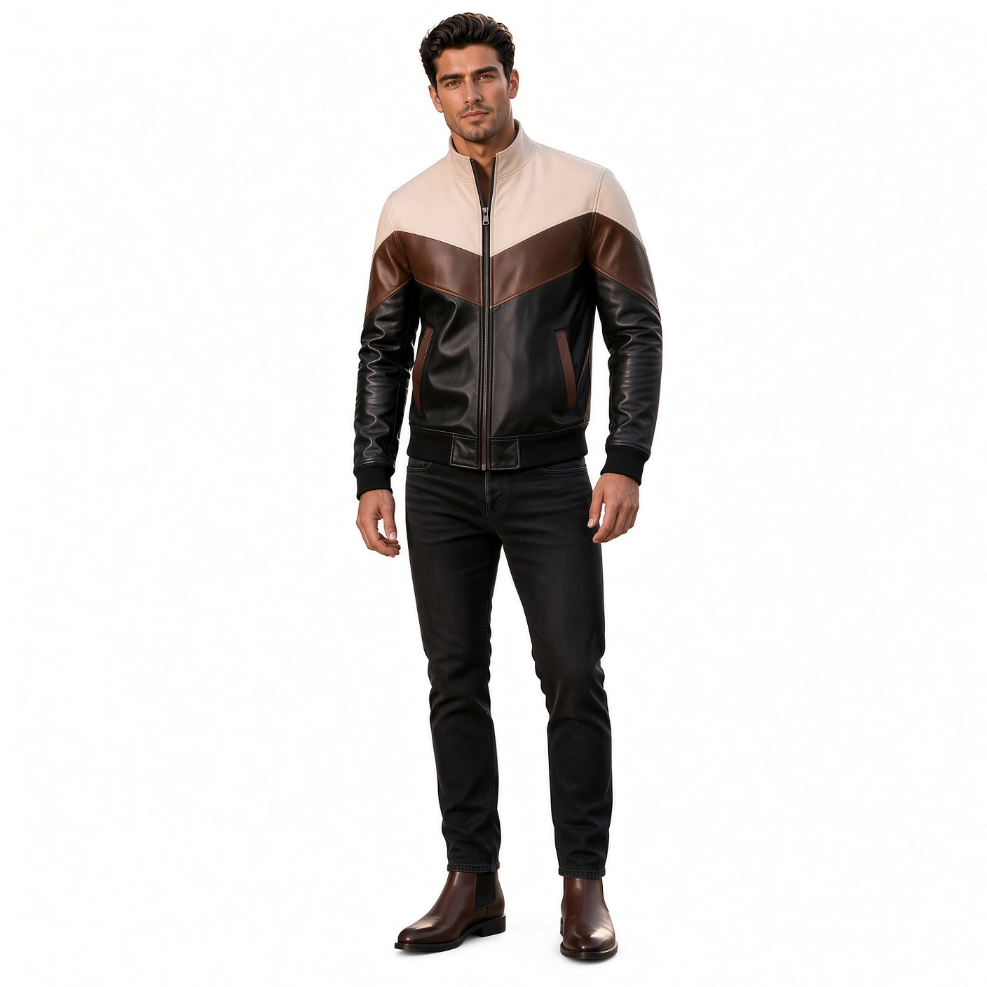 Men's Brown Black & White Leather Jacket | Modern Color Block Jacket