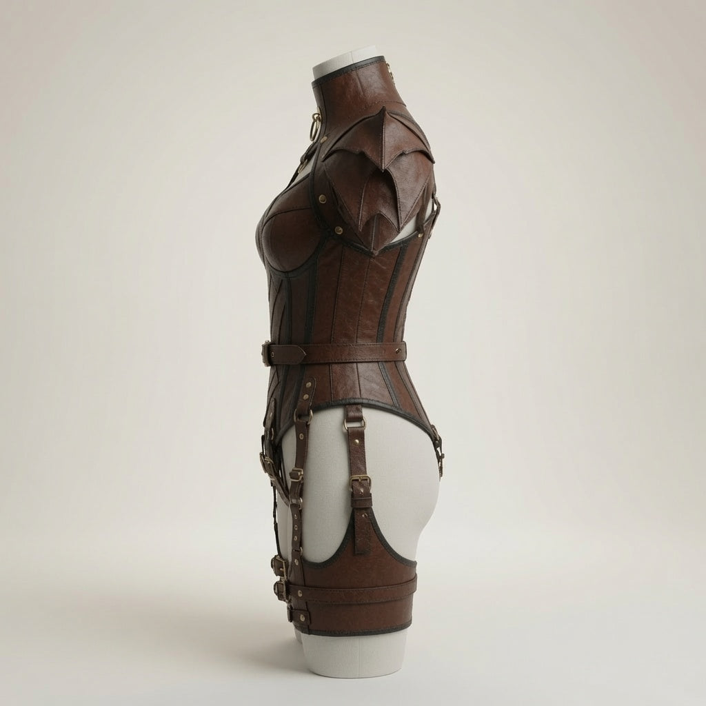 Damen Braunes Fantasy Leder Rüstungs-Bodysuit – Mittelalterlicher Krieger Cosplay Kostüm
