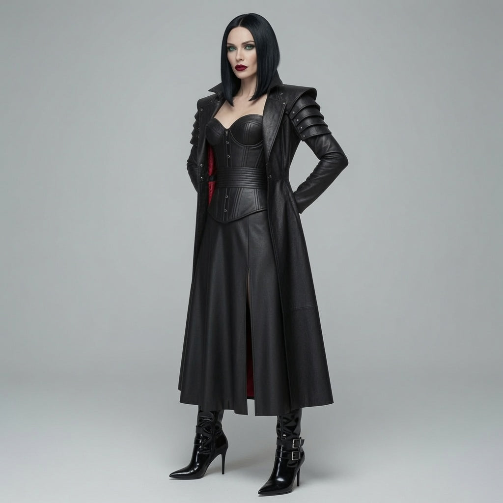 Damen Schwarzer Gothic Echtleder Langmantel & Korsett Set | Vampir Fantasy Kostüm