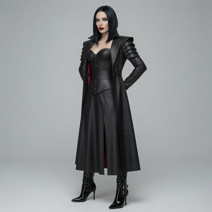 Women's Black Gothic Genuine Leather Long Coat & Corset Set | Vampire Fantasy Costume