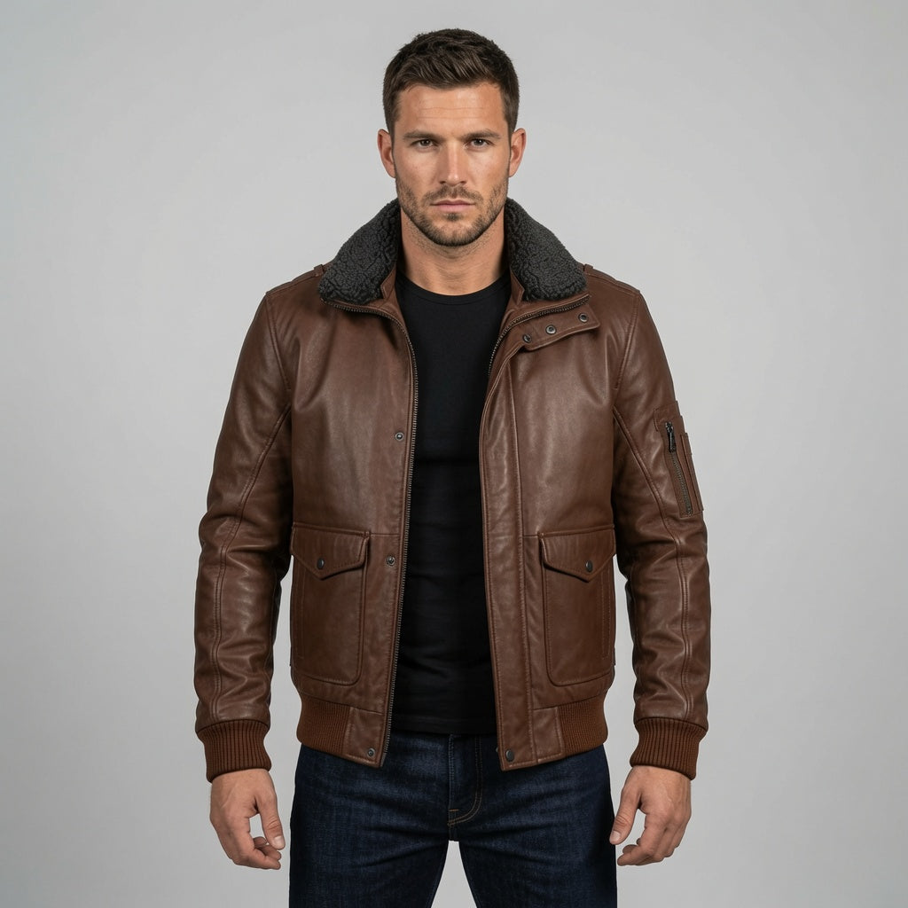 Herren Bomberjacke aus echtem braunem Leder mit Sherpa-Kragen | Winter-Fliegerjacke