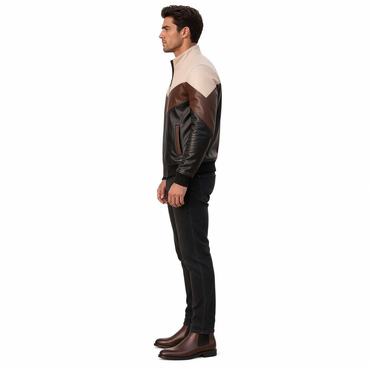 Men's Brown Black & White Leather Jacket | Modern Color Block Jacket