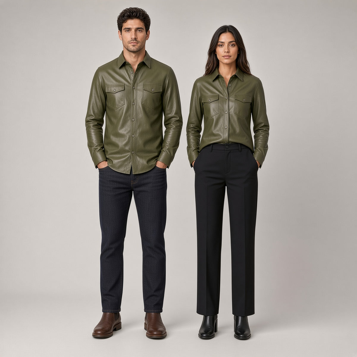 Olive Green Genuine Leather Shirt for Men & Women – Premium Button-Up Leather Shirt