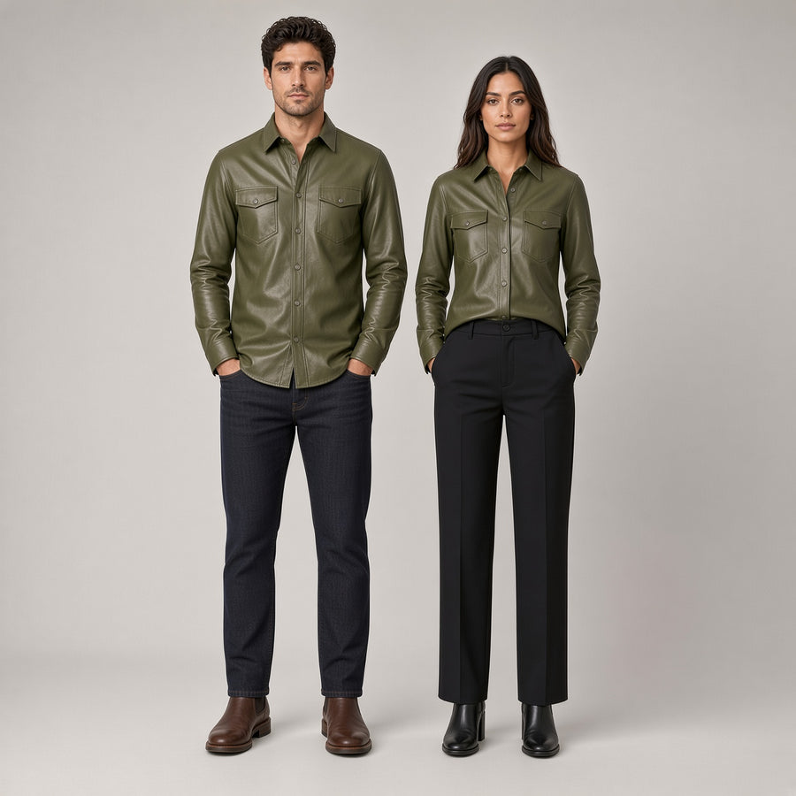 Olive Green Genuine Leather Shirt for Men & Women – Premium Button-Up Leather Shirt