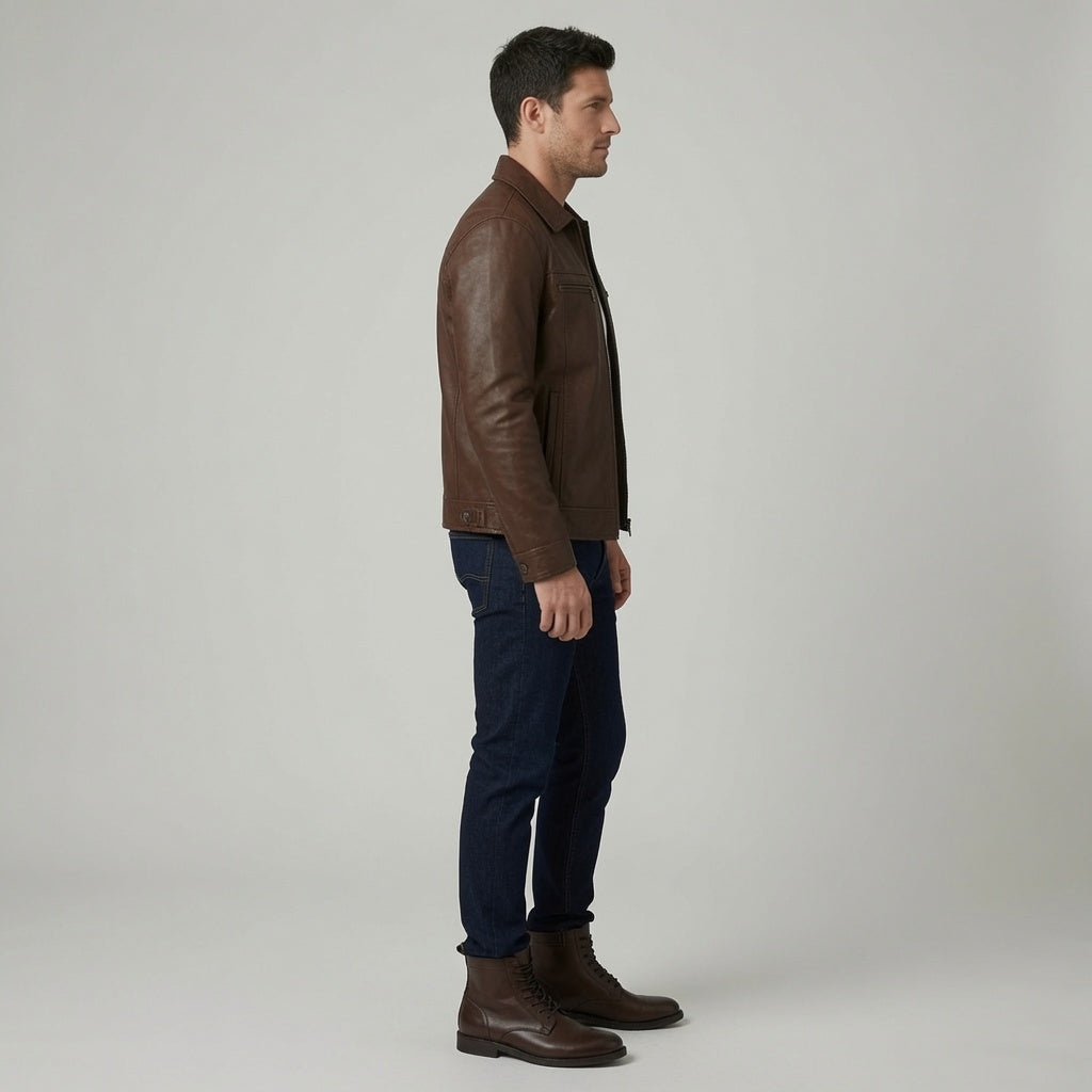 Herren Klassische braune Lederjacke – Reißverschluss Casual Motorradjacke