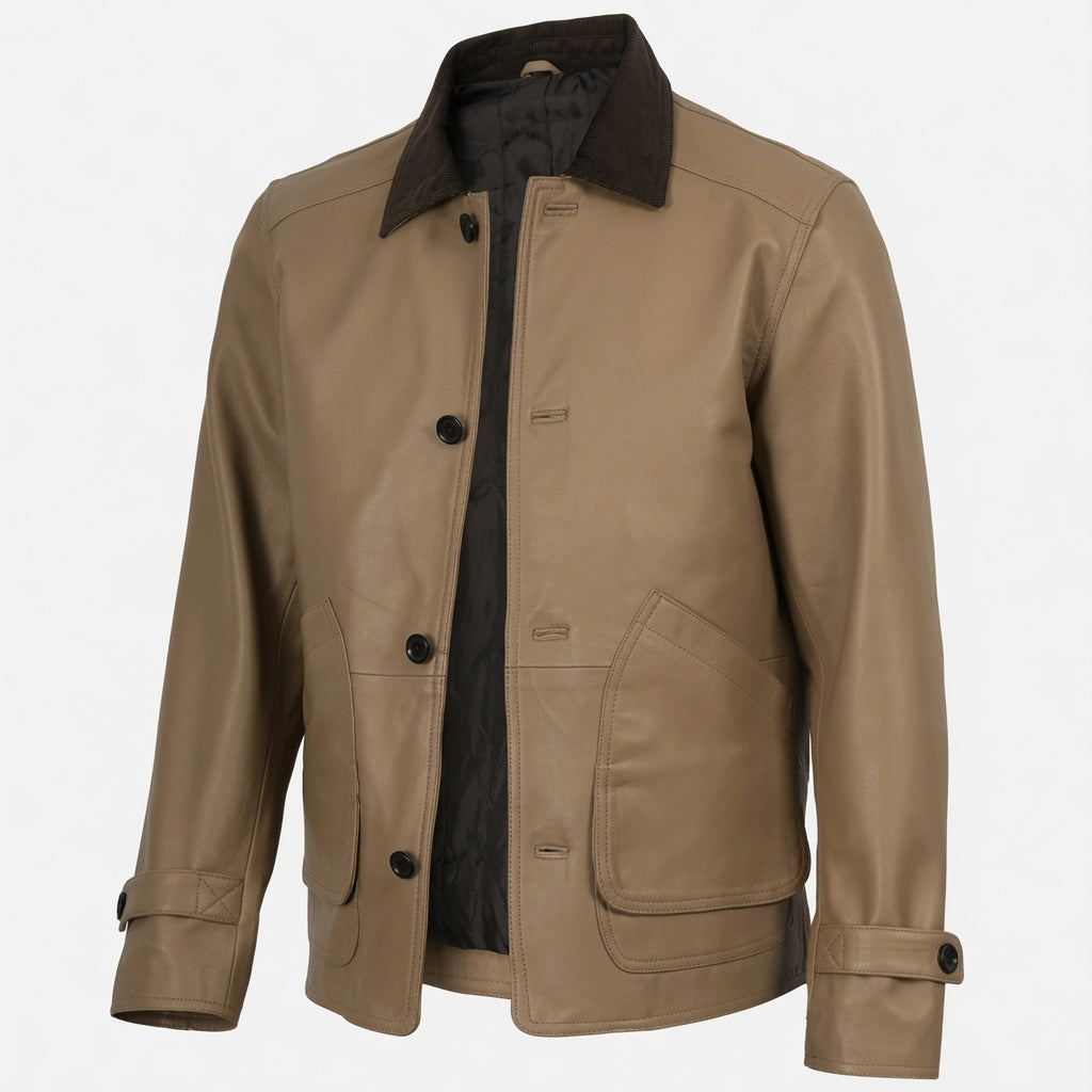 Herren Lederjacke aus echtem Leder in Hellbraun | Klassische Freizeit-Lederjacke mit Knopfleiste