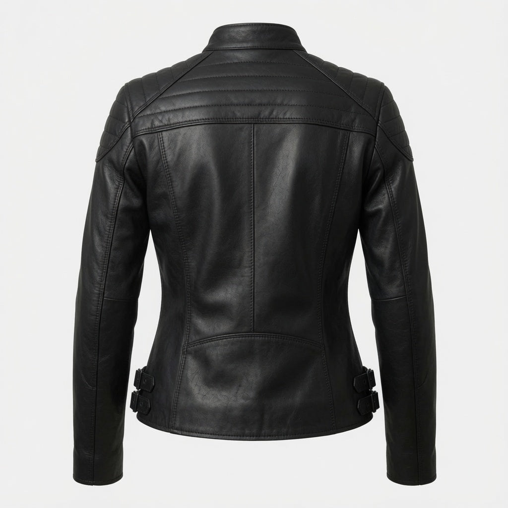Schwarze Motorradjacke aus echtem Leder für Damen – schmal geschnittene Bikerjacke