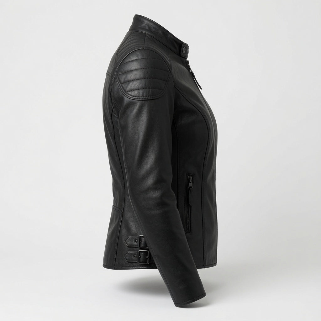 Schwarze Motorradjacke aus echtem Leder für Damen – schmal geschnittene Bikerjacke