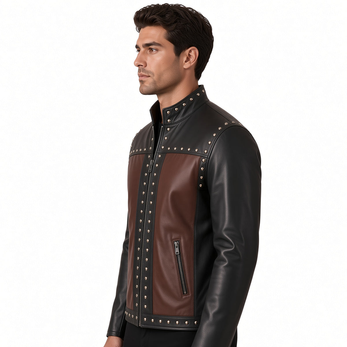 Men's Black & Brown Studded Leather Jacket – Vintage Biker Style