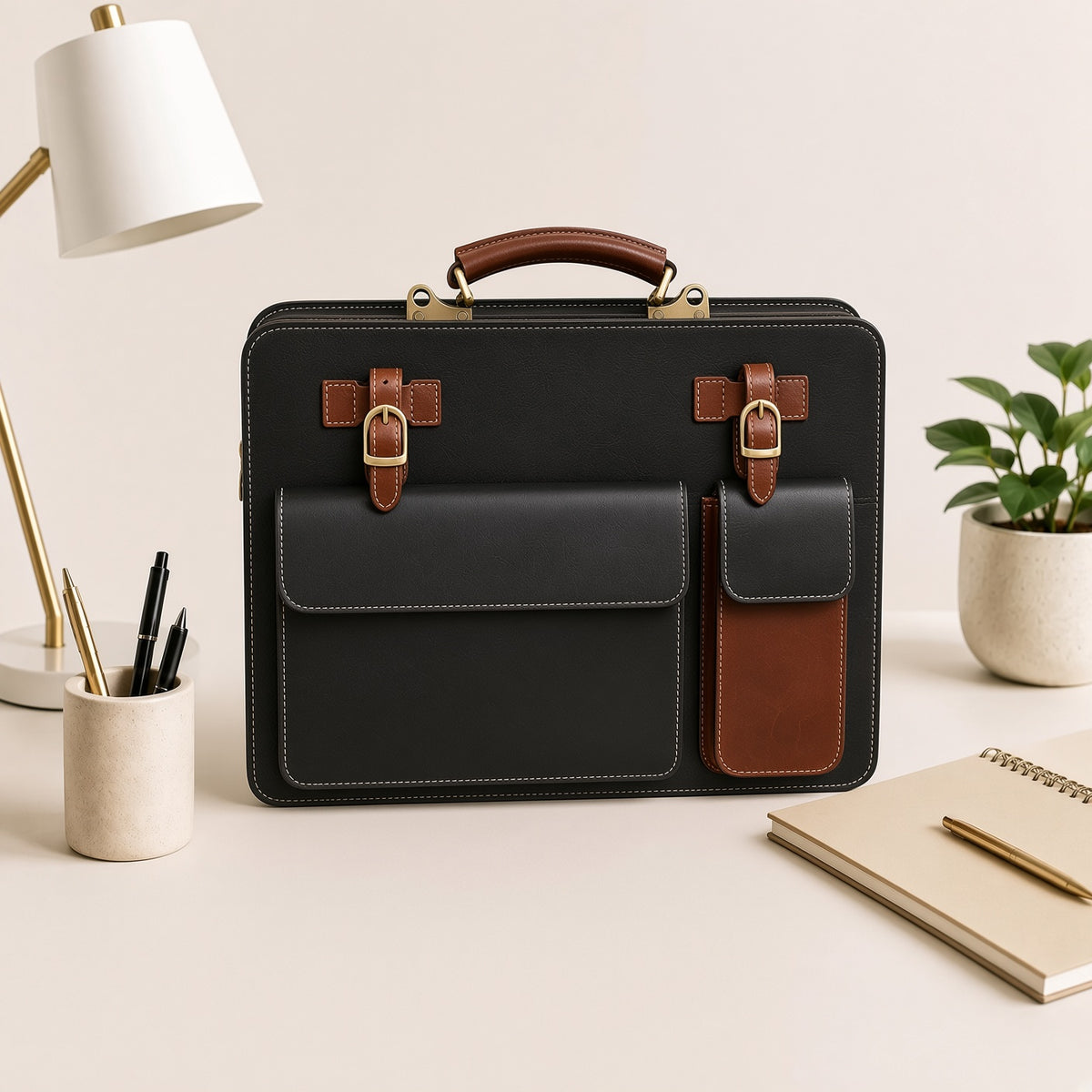 Women's Black Brown Leather Jacket & Bag Set | Wolfo Co