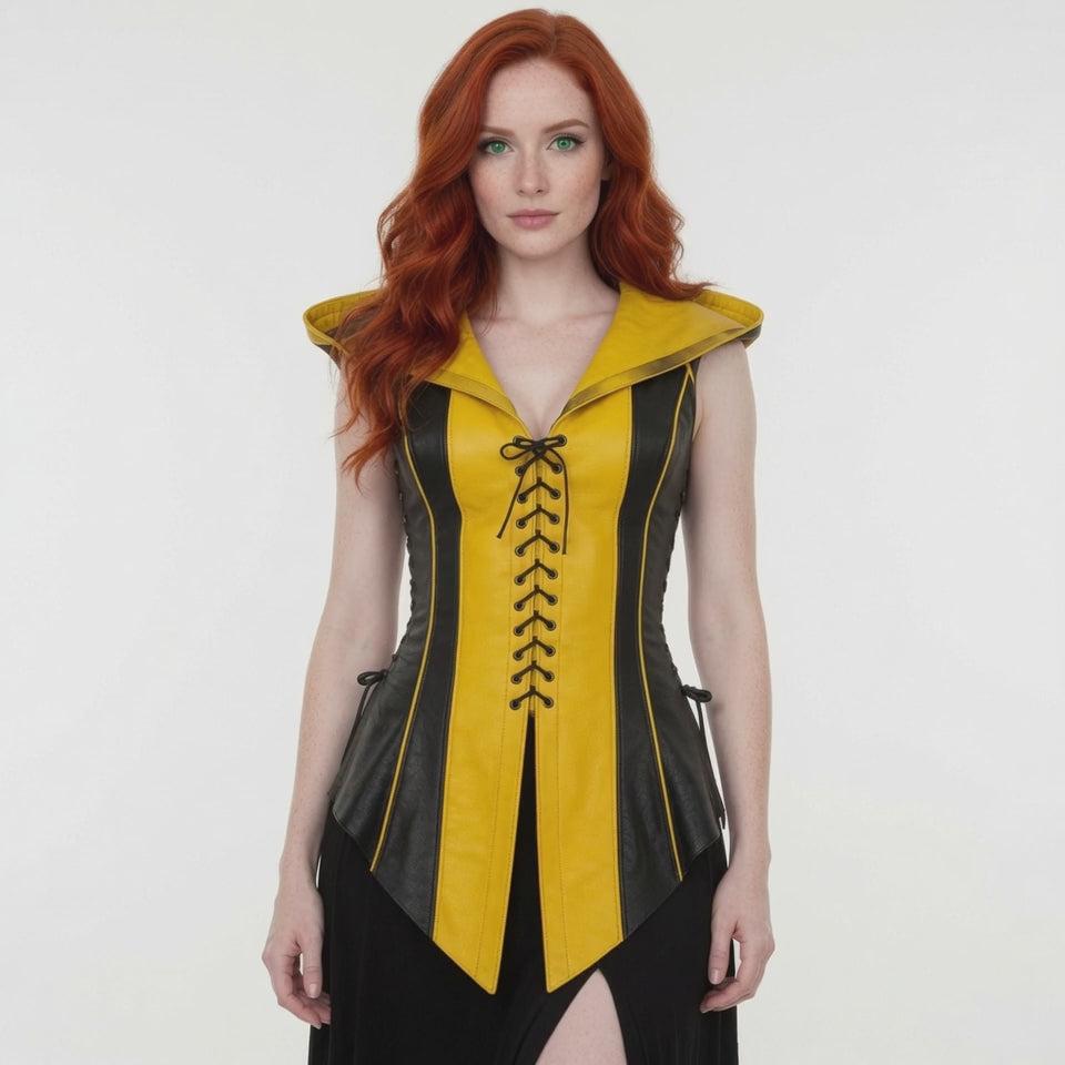 Women's Yellow & Black Fantasy Leather Corset Vest – Medieval Hooded Cosplay Costume