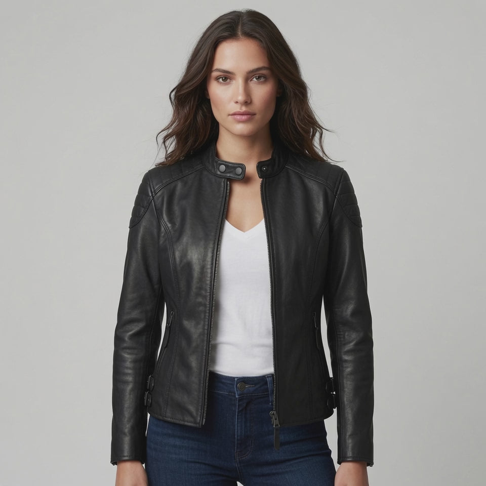 Women’s Black Genuine Leather Motorcycle Jacket – Slim Fit Biker Jacket