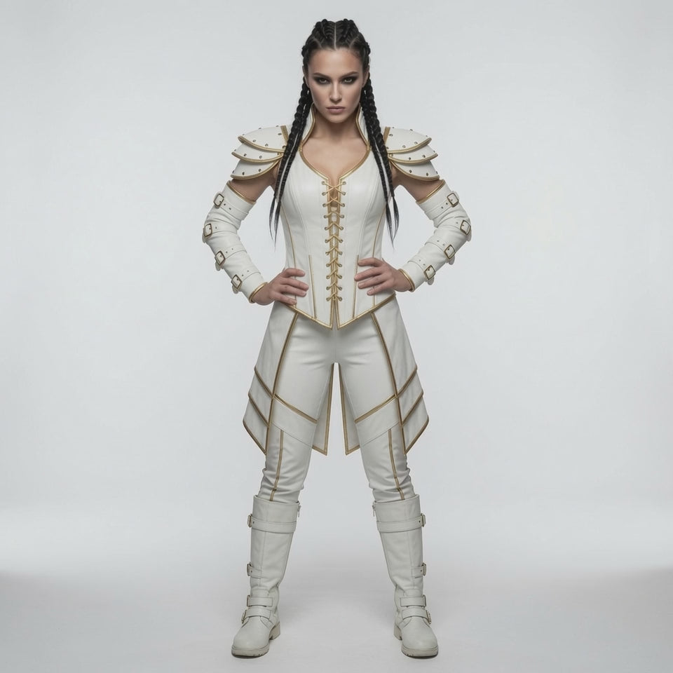 Women's White & Gold Fantasy Leather Armor Corset – Medieval Warrior Cosplay Costume