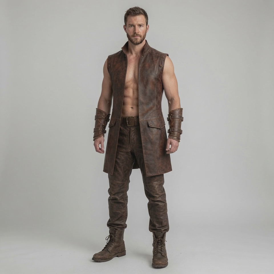 Men's Brown Medieval Leather Vest – Fantasy Warrior Long Vest and pant for LARP & Cosplay